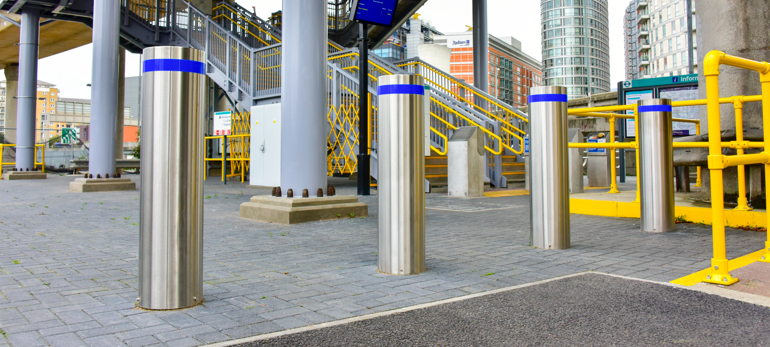 PAS 68 Bollard Townscape PAS 68 Bollards outside Blackwall Docklands Light Railway (DLR)